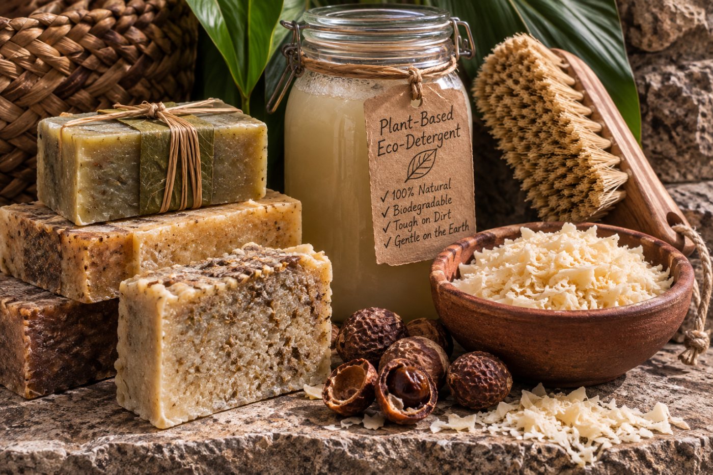 A Vincentian master soap-maker grinding saponin root into a lather-paste in a basalt mortar, beside a bowl of wood ash and cured root-soap cakes.