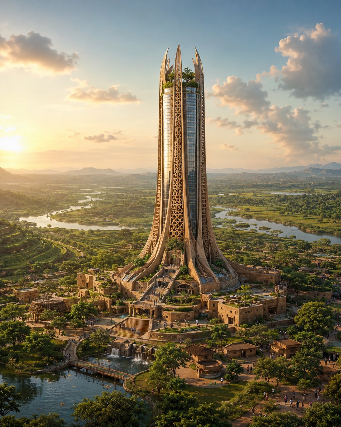 Carved sovereign tower rising above a river valley at golden hour